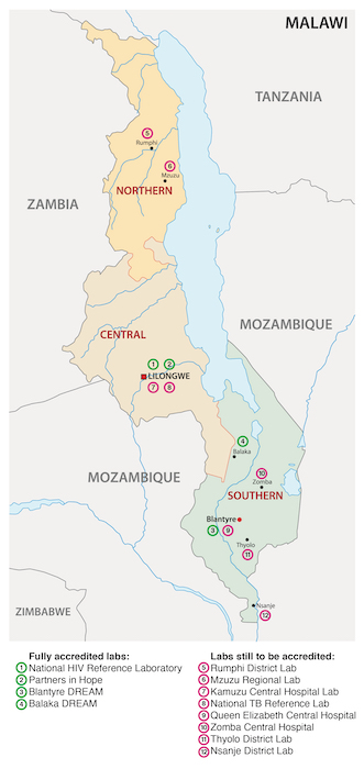 Map of accredited labs in Malawi and labs yet to be accredited.