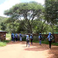 A field team walks out of a field surrounded by trees.