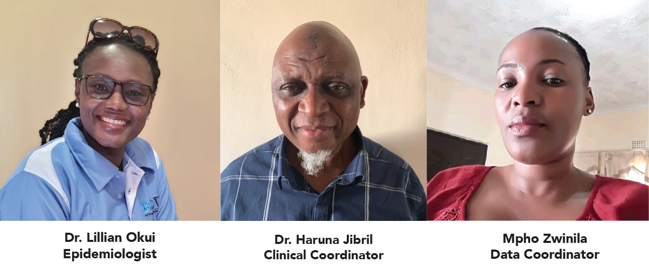 A photo mashup of three people including doctor Lillian Okui, epidemiologist, doctor Haruna Jibril, clinical coordinator, and Mpho Zwinila, data coordinator.