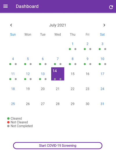 A dashboard with a purple stripe at the top and a July 2021 calendar with a button at the bottom to start COVID-19 screening.