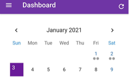 A dashboard with a purple stripe at the top and a January 2021 calendar with two grey dots under the 1st and 2nd days.