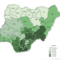 A choropleth map showing the prevalence of H-I-V in Nigeria. It is green overall with darker spots in the south and southeast areas.