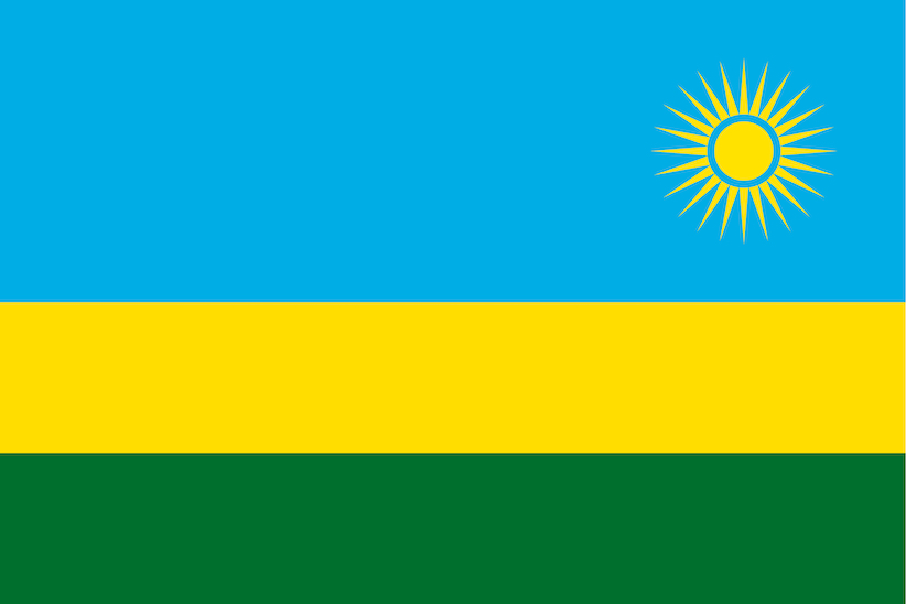 Image of Rwanda flag with light blue, yellow, and green horizontal bars with a yellow sun in the top right.